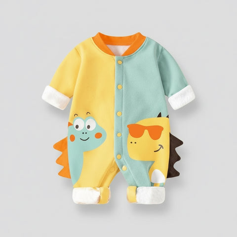 Baby romper with dinosaur design on a light gray background