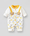 Baby romper with teddy bear pattern and yellow accents on a gray background, featuring the brand 'Xiao Qiudong'.