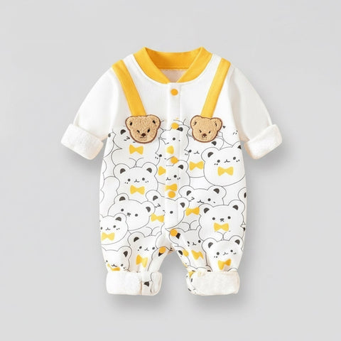 Baby romper with teddy bear pattern and yellow accents on a gray background, featuring the brand 'Xiao Qiudong'.