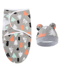 Baby swaddle and hat set with forest pattern on gray background