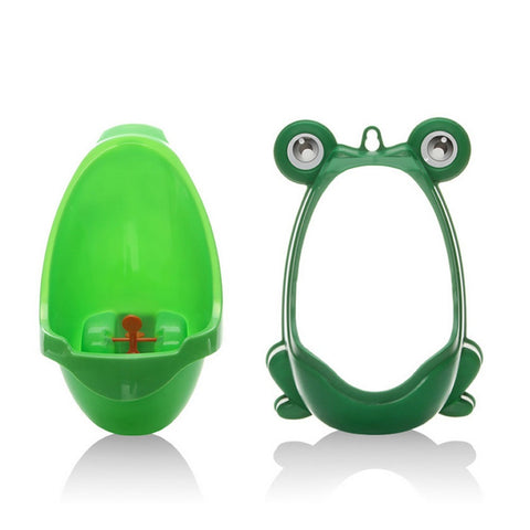 Frog potty trainer in green with wall-mounted suction design


