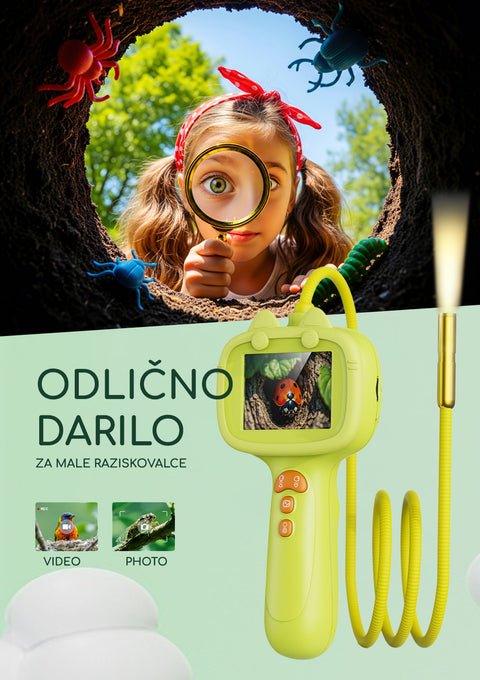 Child with a magnifying glass and digital camera, surrounded by nature, with text in a foreign language.