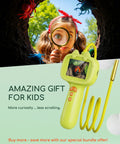 Child with a magnifying glass and digital camera, surrounded by nature, with text promoting the product as an amazing gift for kids.
