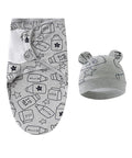 Gray baby swaddle with bottle and star pattern and matching hat on a white background