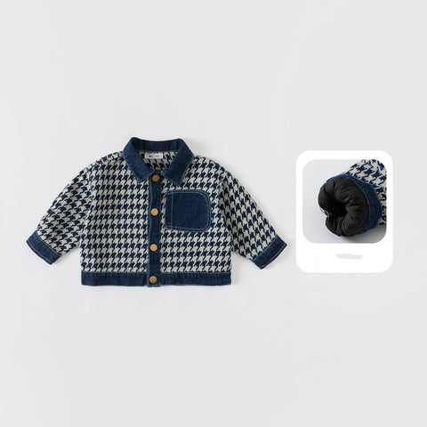 Houndstooth patterned baby jacket with matching hat on a light gray background