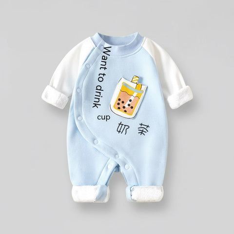 Baby onesie with cartoon design and text on a gray background