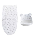 Baby swaddle and hat set with star pattern on a white background