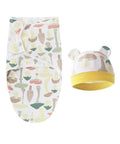 Baby swaddle and hat set with kitchen utensil pattern on a white background
