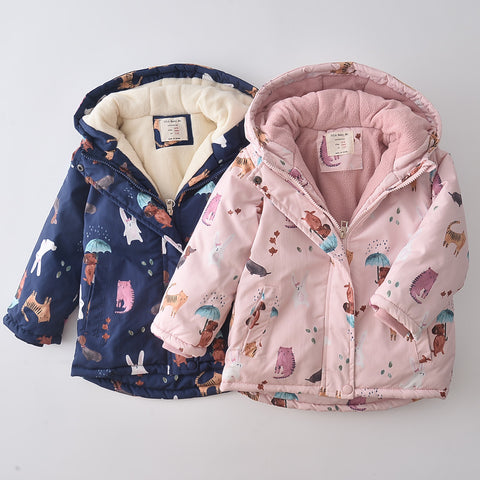 Sweet Printed Hooded Coat with Plush Lining
