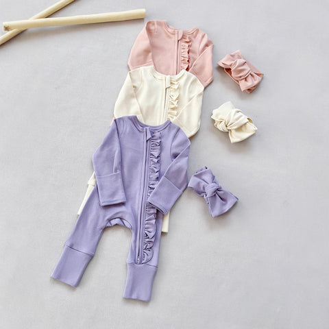 Soft Ruffle Zip Romper with Headband Set