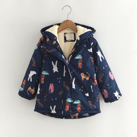 Sweet Printed Hooded Coat with Plush Lining