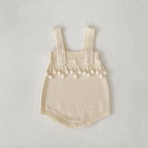 Pom Detail Cotton Knit Cardigan and Suspender Romper Set
