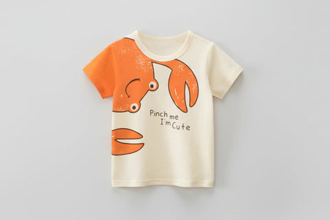 T-shirt with a cartoon crab design and text on a white background