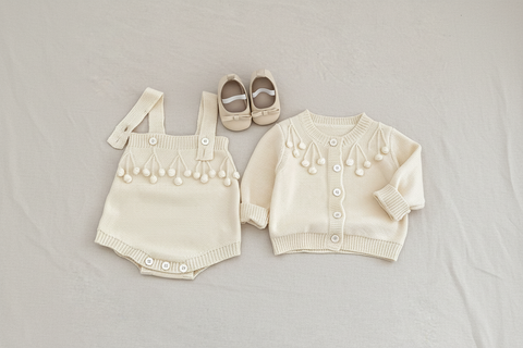 Pom Detail Cotton Knit Cardigan and Suspender Romper Set