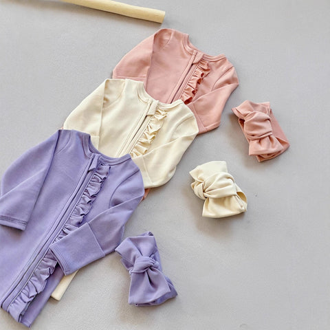 Soft Ruffle Zip Romper with Headband Set