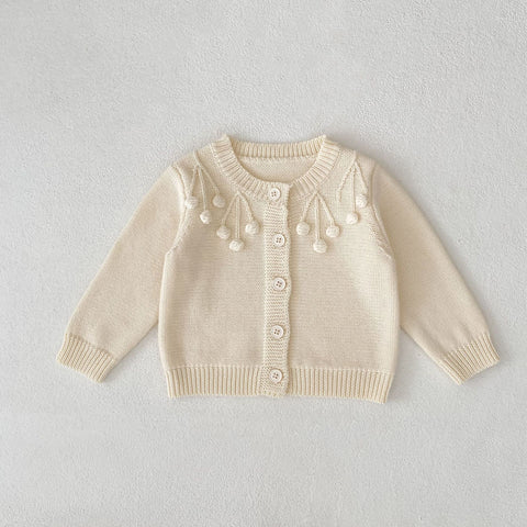 Pom Detail Cotton Knit Cardigan and Suspender Romper Set