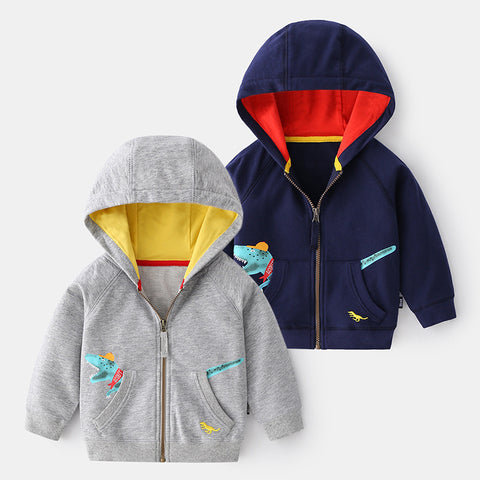 Two children's hoodies, one gray and one navy with colorful interior lining, on a white background.