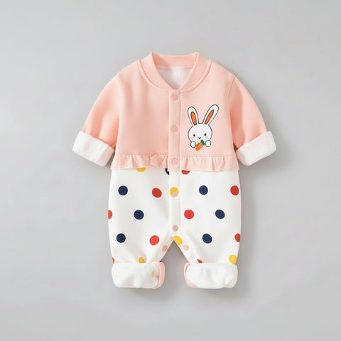 Baby onesie with pink top and polka dot pants on a gray background, featuring the brand 'Xiao Qiudong'.