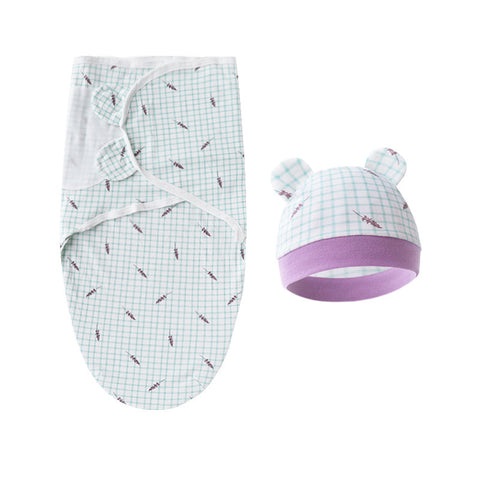 Baby swaddle and hat set with checkered pattern on a white background