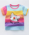 Colorful striped shirt with a cat design and 'the smile' text on a white background