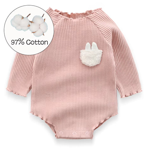 Ribbed Cotton Bodysuit with Bunny Pocket