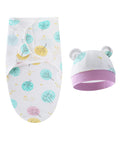 Baby swaddle with leaf pattern and matching hat on a white background