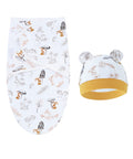 Baby swaddle and hat set with animal pattern on a white background