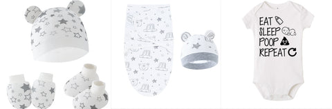 Baby clothing set with hat, onesie, and pants on a white background