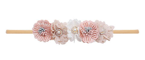 Headband with pink, white, and gold flowers on a white background