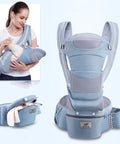Baby carrier with a woman holding a baby, on a light blue background
