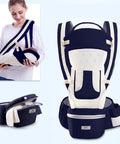 Baby carrier with a woman holding a baby, showing different angles of the product.