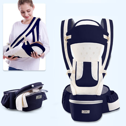 Baby carrier with a woman holding a baby, showing different angles of the product.