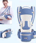 Blue baby carrier with a woman holding a baby, on a light blue background