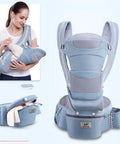 Baby carrier with a woman using it and the product on a light blue background