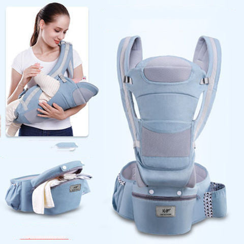 Baby carrier with a woman using it and the product on a light blue background