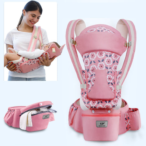 Pink floral baby carrier with a woman holding a baby and the product shown from different angles on a white background.