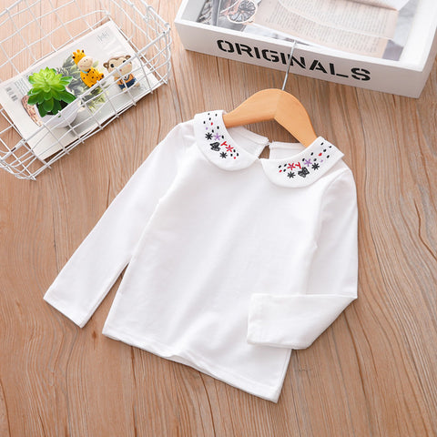 Cotton Long Sleeve Top Embroidered Collar