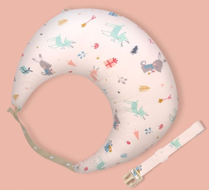 Patterned headband with cartoon designs on a pink background
