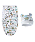 Baby swaddle blanket and hat set with animal pattern on a white background