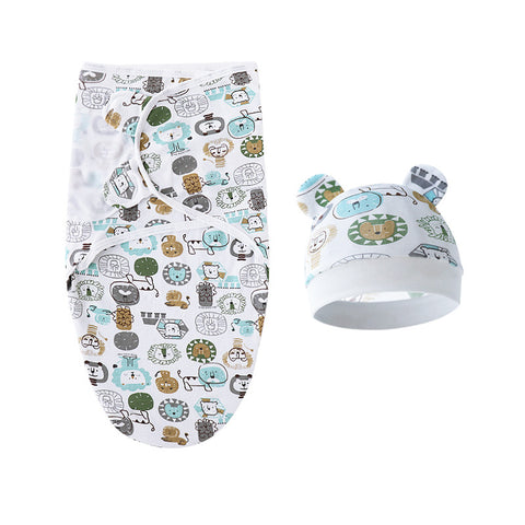 Baby swaddle blanket and hat set with animal pattern on a white background