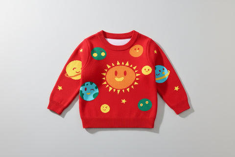 Cheerful Solar System Design Cotton Knit Sweater