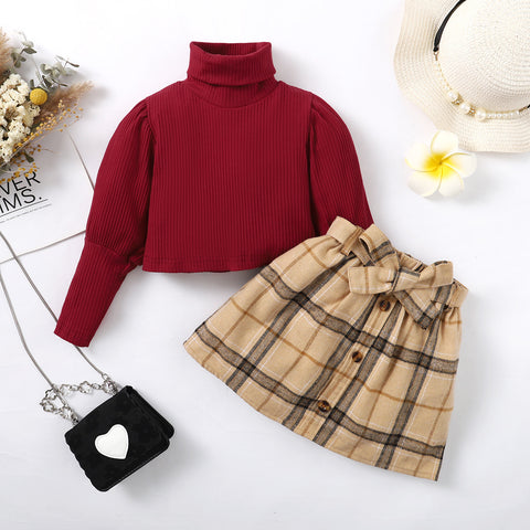 Turtleneck Pullover and Plaid Skirt with Bow Belt Set