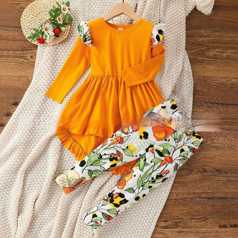 Floral Pattern Long Sleeve Dress and Leggings Set