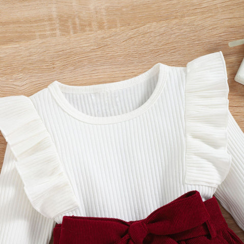 Cute Bow Detail Corduroy Skirt and Ribbed Pullover Set