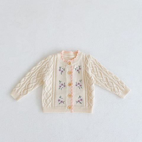 Lovely Cable Knit Cardigan with Floral Embroidery