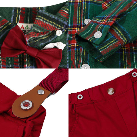 Stylish Cotton Plaid Shirt and Suspenders Pants Set