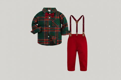 Stylish Cotton Plaid Shirt and Suspenders Pants Set