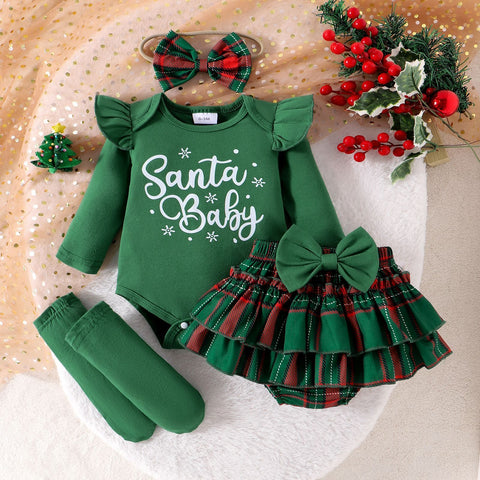 Christmas Ruffle Romper, Skirt and Leggings Set with Headband