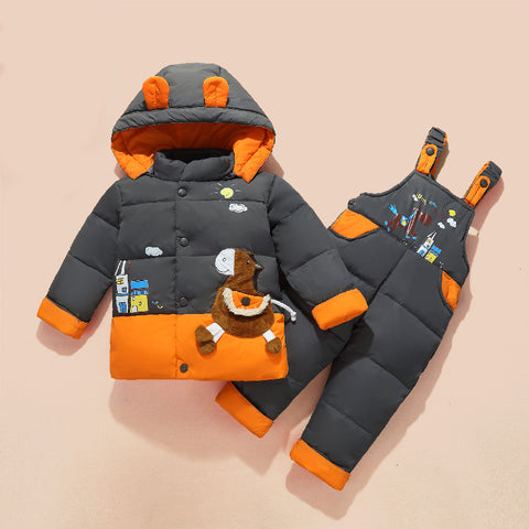 Horse Embroidered Puffer Jacket and Overalls Set