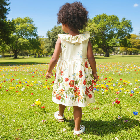 Child wearing a floral dress walking on a stone path with greenery in the background